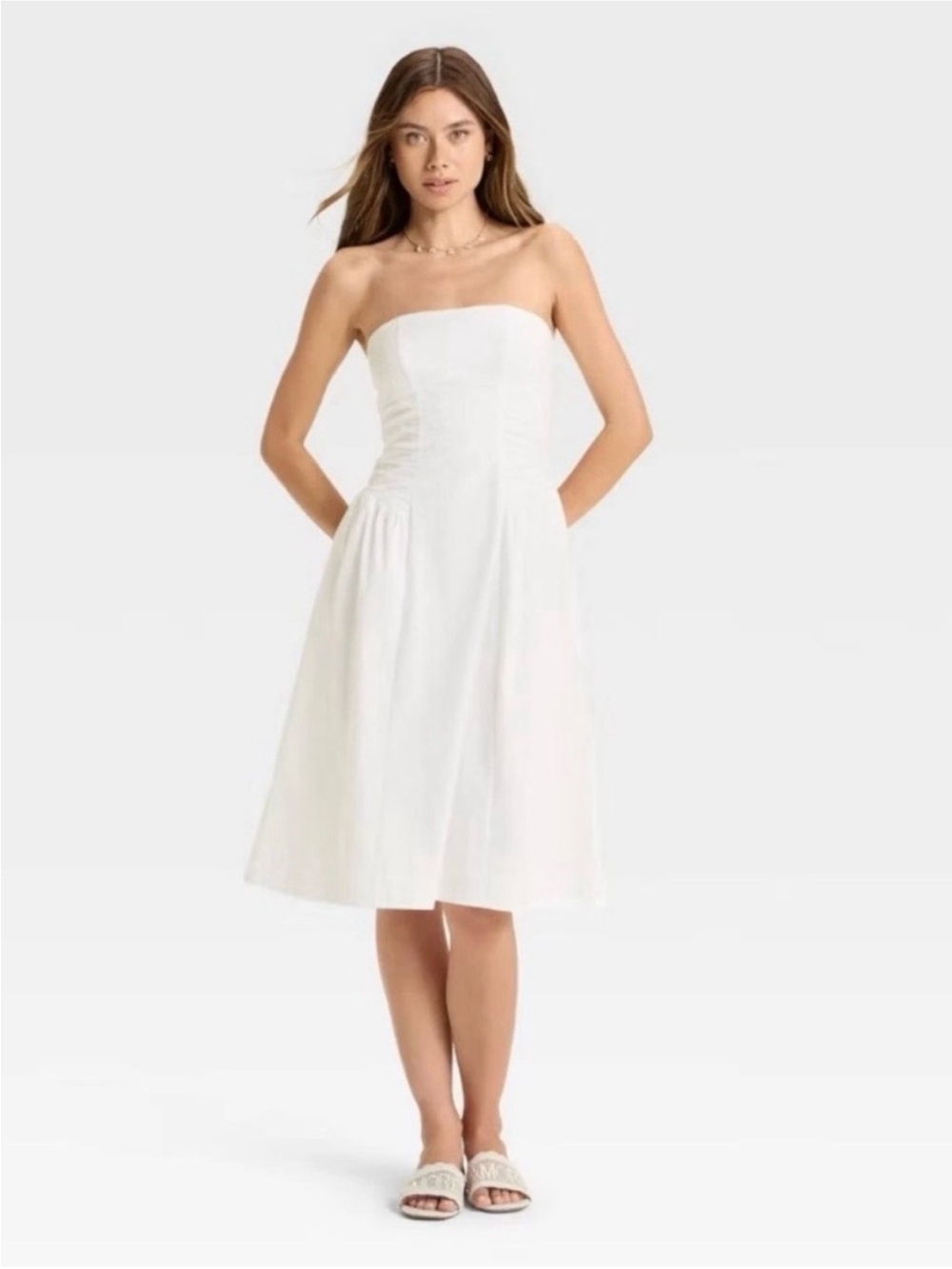 Wild Fable White Ruched Poplin Midi Tube Midi Dress